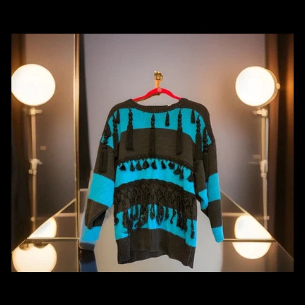 Vtg 80’s Bonnie & Bill Hippie Boho Chic FRINGE/Tassle Teal Black Sweater Sz Sm